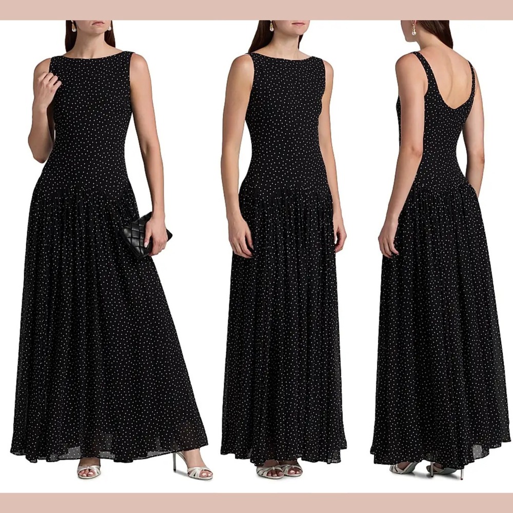 NWT Reformation [ 6 ] Camella Polka Dot Drop-Waist Maxi Dress Selene Black Q1299